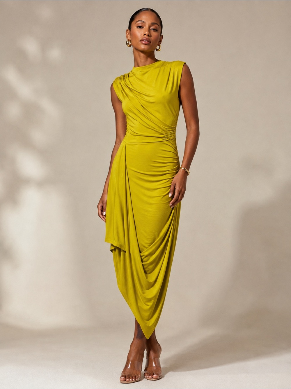 H&M Chartreuse Ruched Draped Asymmetrical Midi Dress – Size 4